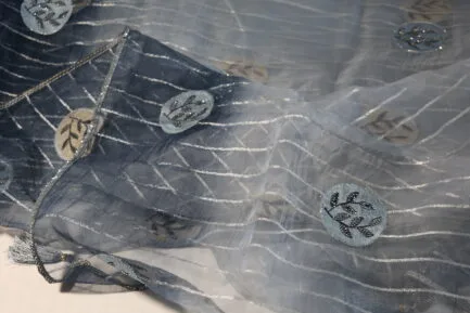 Organza Zari Saree in dark grey in light shade color in beautiful open
