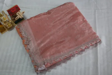 Jimmy Choo Silver Radiance Zari Saree beautiful peach color in beautiful wrap