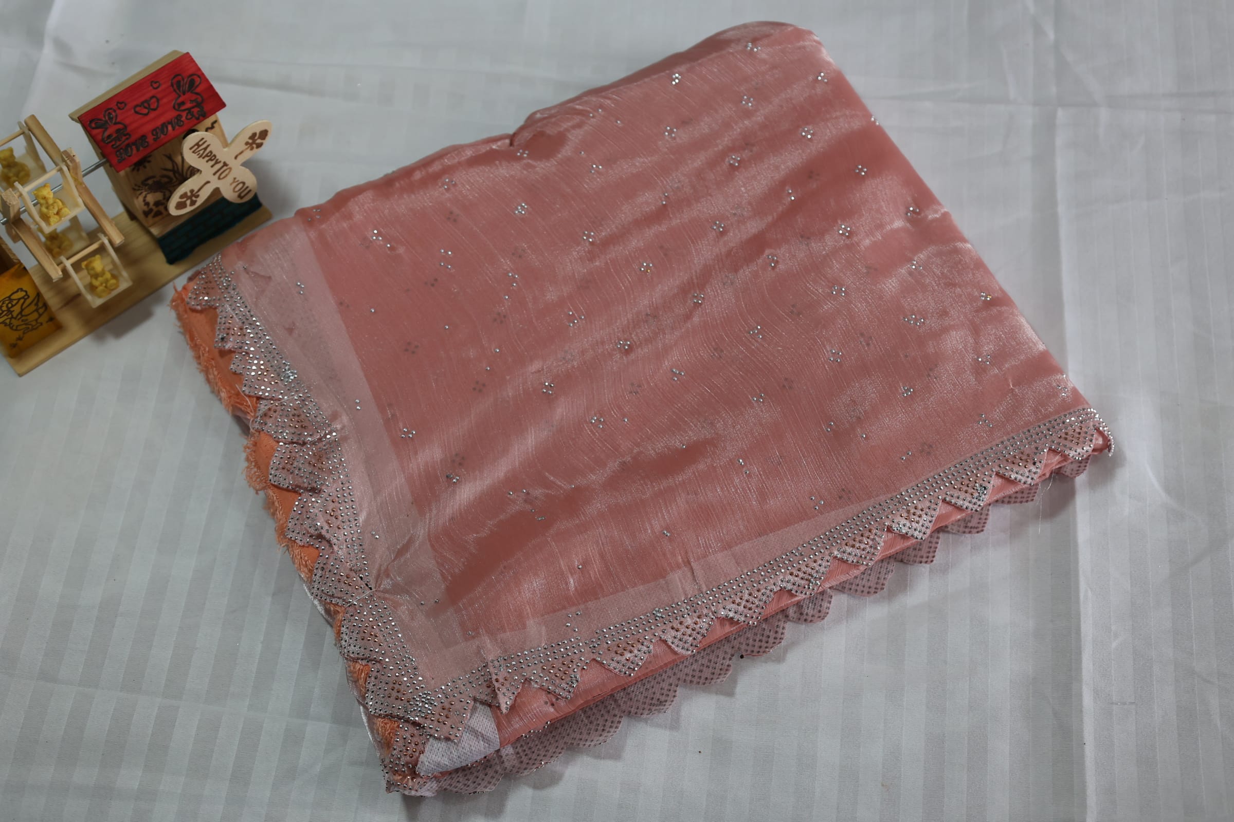 Jimmy Choo Silver Radiance Zari Saree beautiful peach color in beautiful wrap