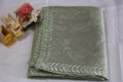 Soft Net Full Zari Work Saree light green color with wooden craft