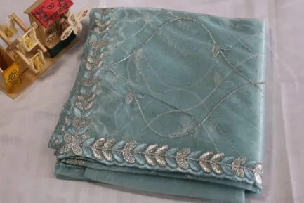 Soft Net Full Zari Work Saree sky blue color with wooden craft