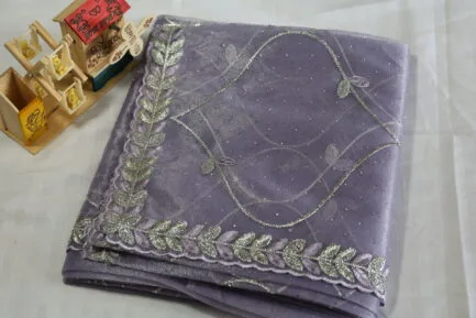 Soft Net Full Zari Work Saree light levender color with wooden craft