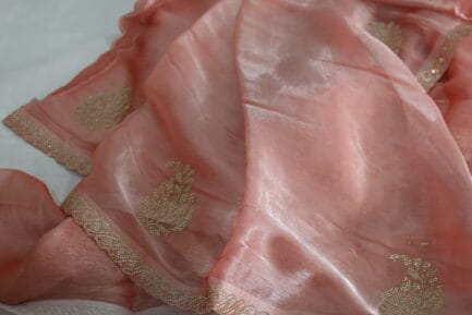 Jimmy Choo Golden Zari Saree beautiful peach color in open box closer picture