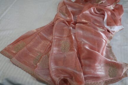 Jimmy Choo Golden Zari Saree beautiful peach color in fully open box
