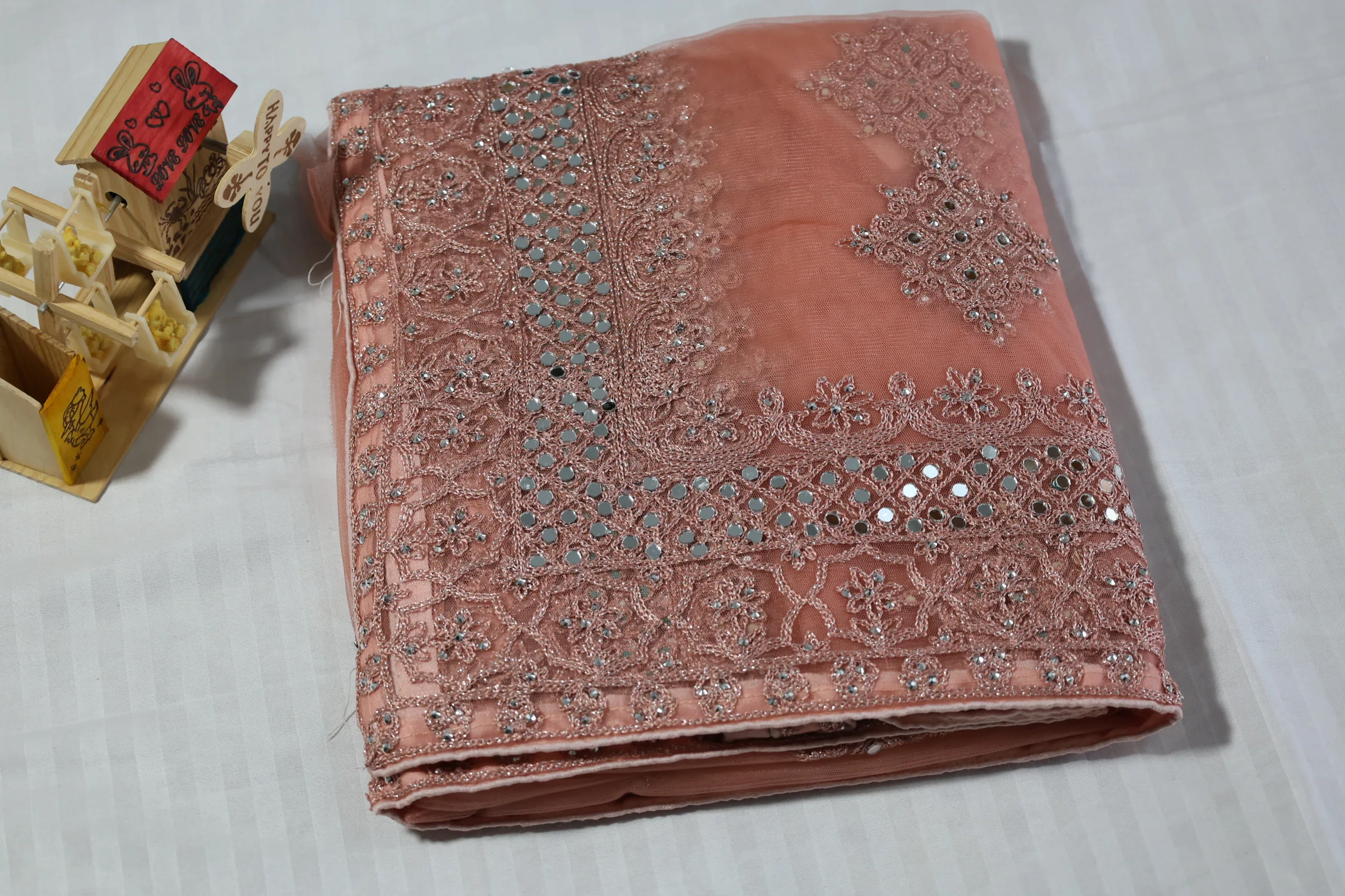 Net Mirror Work Saree in peach color