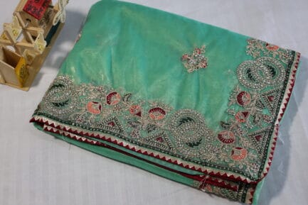 Heavy Border Work Saree golden green color with beautiful wrap