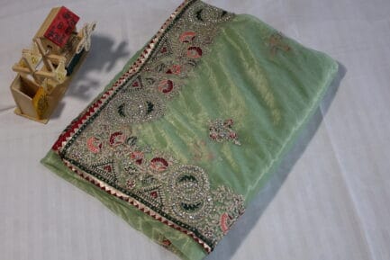Heavy Border Work Saree golden green color