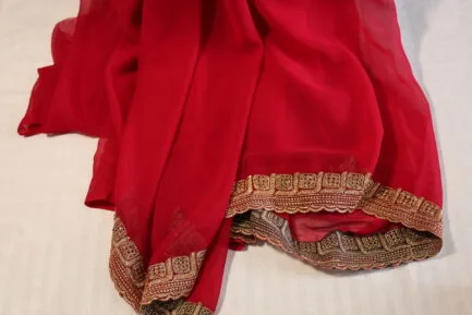 Georgette Golden Zari Border Saree red color with wooden craft in beautiful border showing in detail