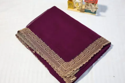 Georgette Golden Zari Border Saree dark pink color in beautiful bg