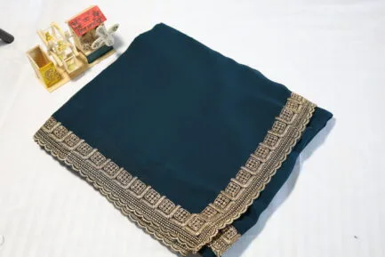Georgette Golden Zari Border Saree dark green color with wooden craft