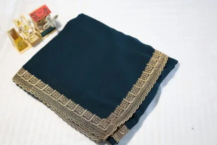 Georgette Golden Zari Border Saree dark green color