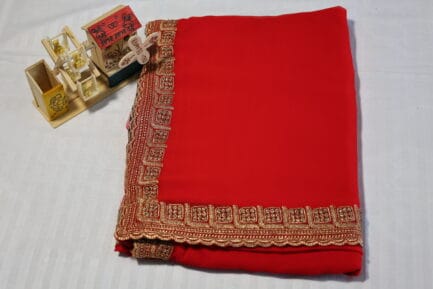 Georgette Golden Zari Border Saree red color with wooden craft in beautiful border