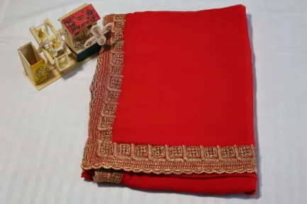 Georgette Golden Zari Border Saree red color with wooden craft in beautiful border