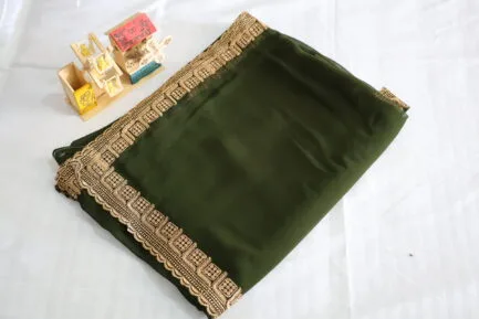 Georgette Golden Zari Border Saree green color