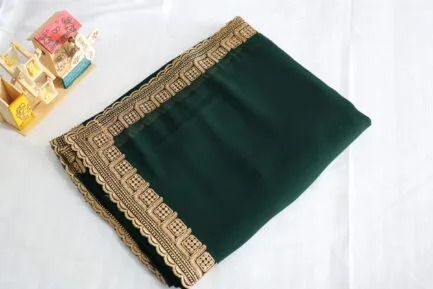Georgette Golden Zari Border Saree green color with wooden craft