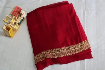 Georgette Golden Zari Border Saree red color with wooden craft