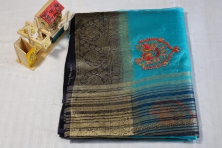 Banarasi Traditional Work Saree light blue color with beautiful wooden craft