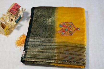 Banarasi Traditional Work Saree yellow color with beautiful wooden craft