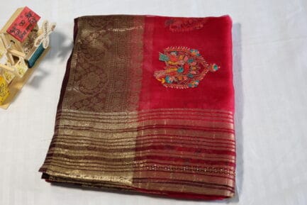 Banarasi Traditional Work Saree red color with beautiful wooden craft